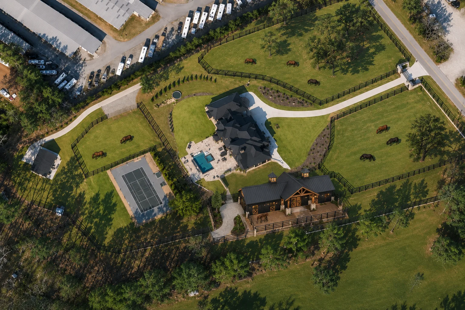 Aerial view of the Horse Boarding Georgia farm in Buford GA — barn, board-fenced pastures, and horses on turnout